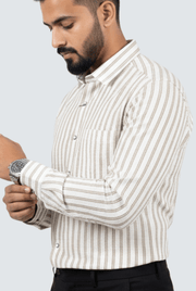 Men's striped cotton button-up shirt with long sleeves and buttoned cuffs