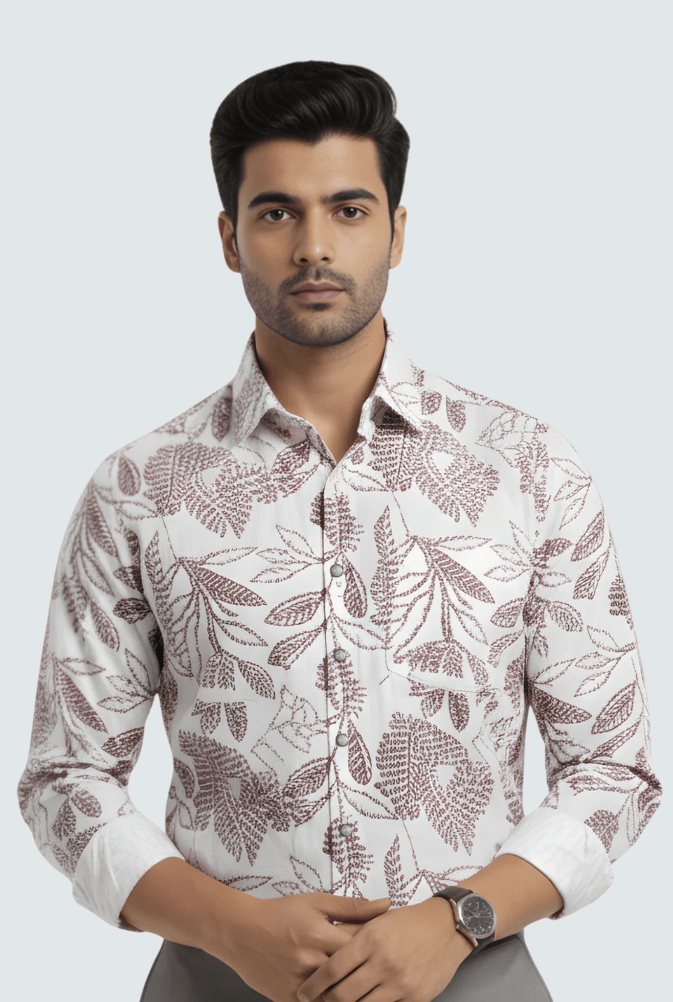 Men’s White Cotton Printed Shirt – Premium Regular Fit (Maroon Print)1745 - KITES CLUB