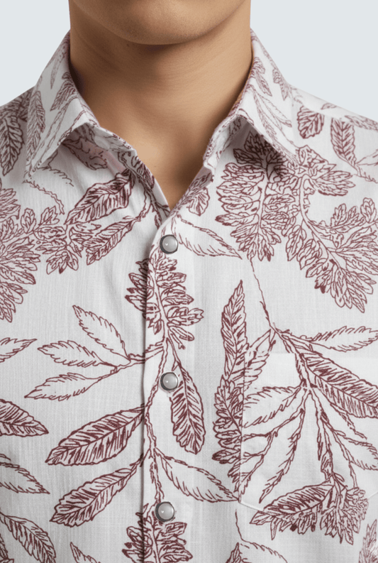 Men’s White Cotton Printed Shirt – Premium Regular Fit (Maroon Print)1745 - KITES CLUB