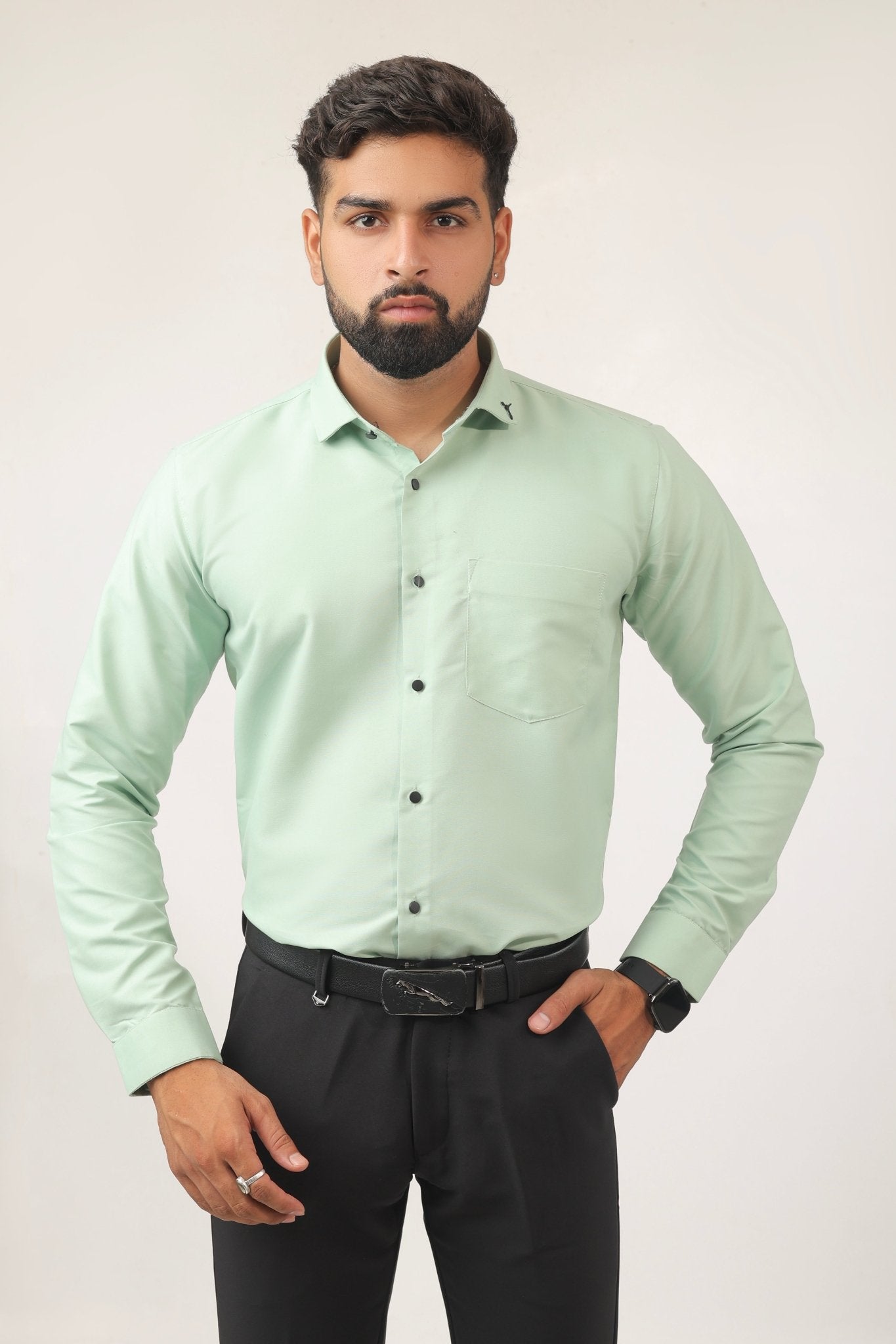 Mint green cotton men's shirt – front view slim fit