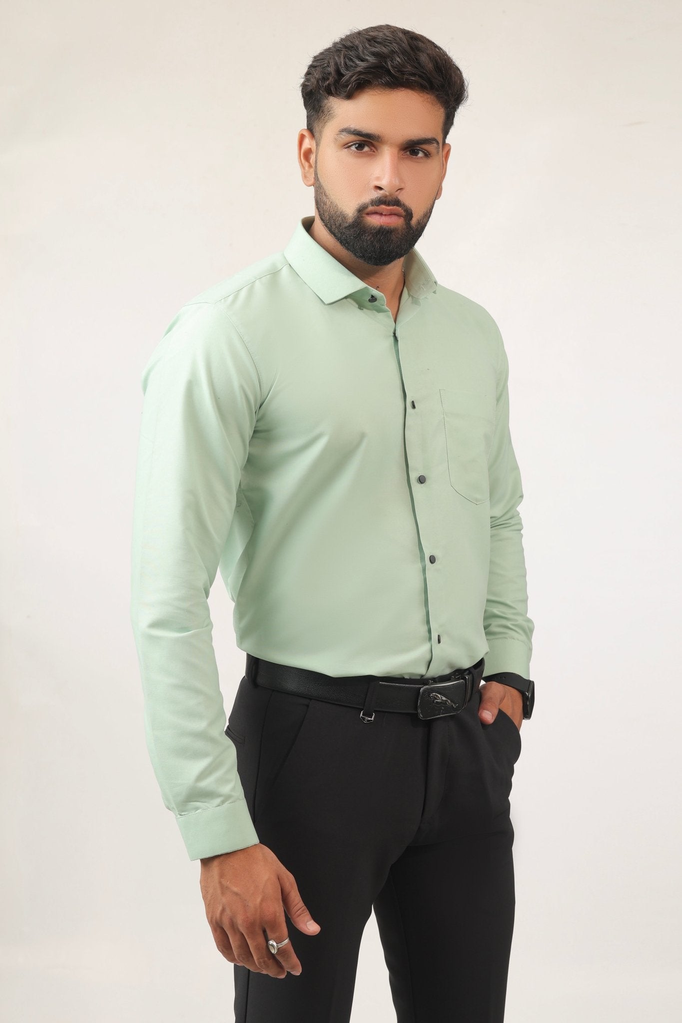 Side view of mint green slim fit shirt for men