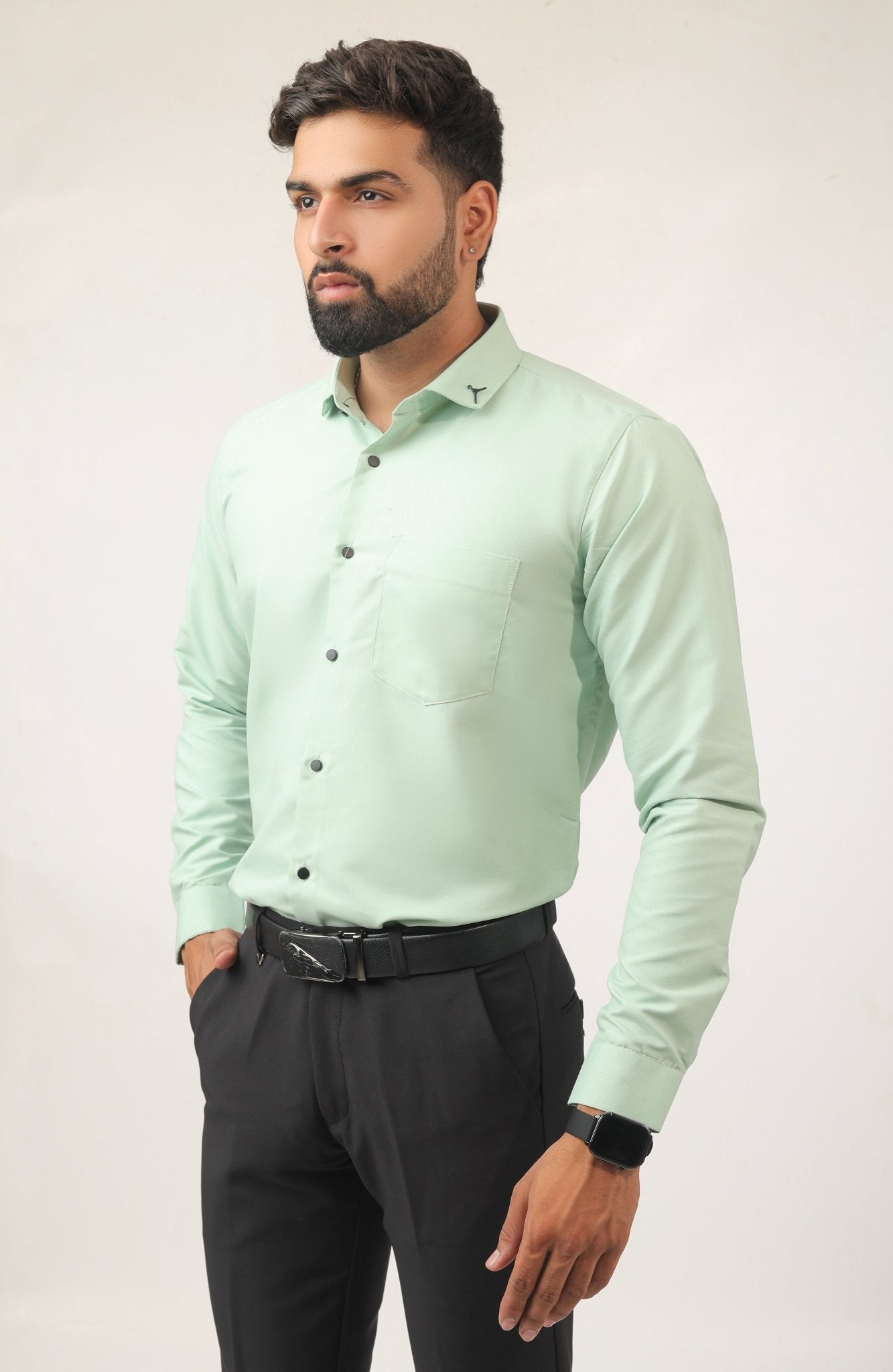 Side view of mint green slim fit shirt for men