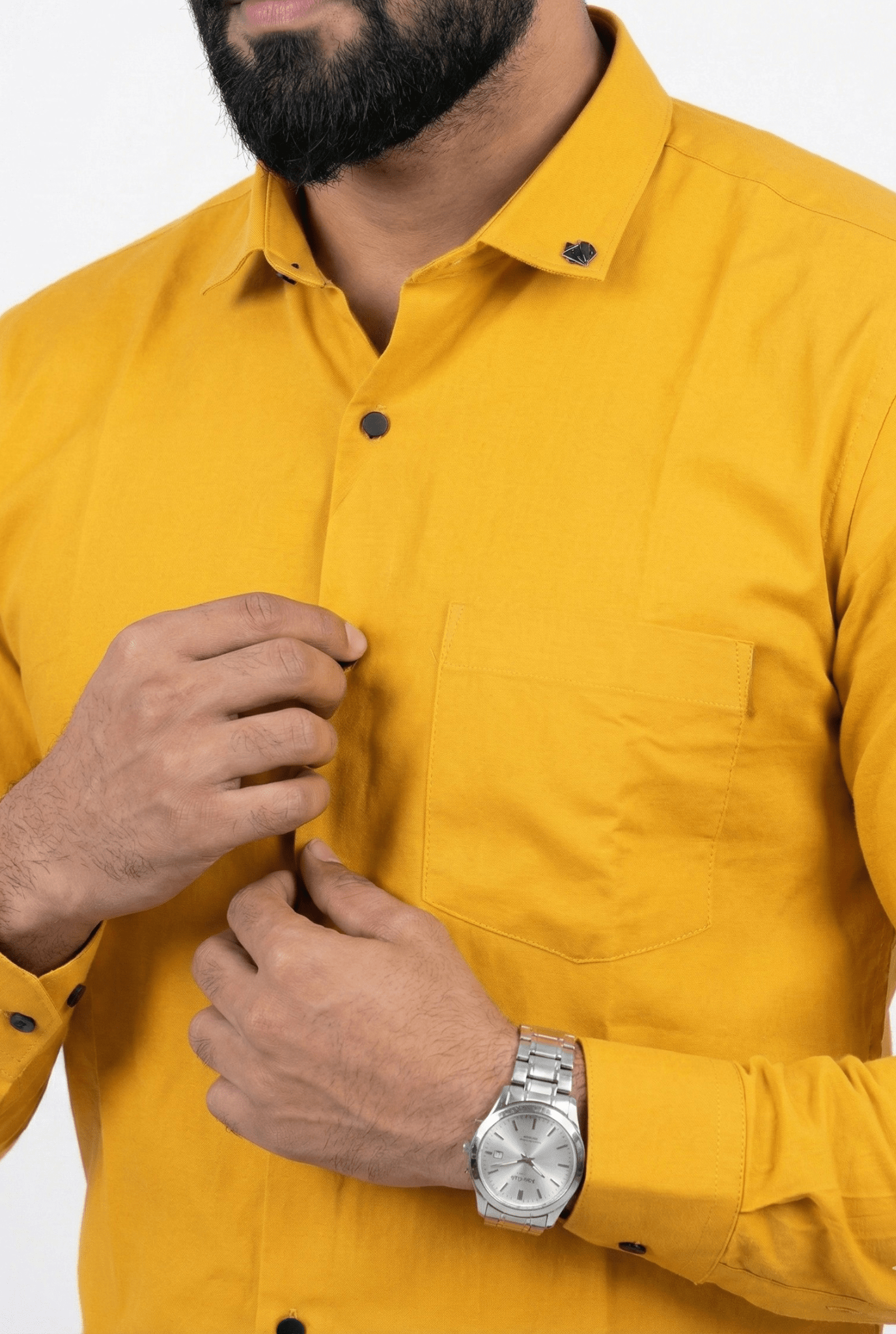 mustard yellow mens dress shirt Men's Mustard Black Bold Stripe French Cuff Dress Shirt with Tie, Cuff Links and Pocket Square 15 33/34 / Mustard