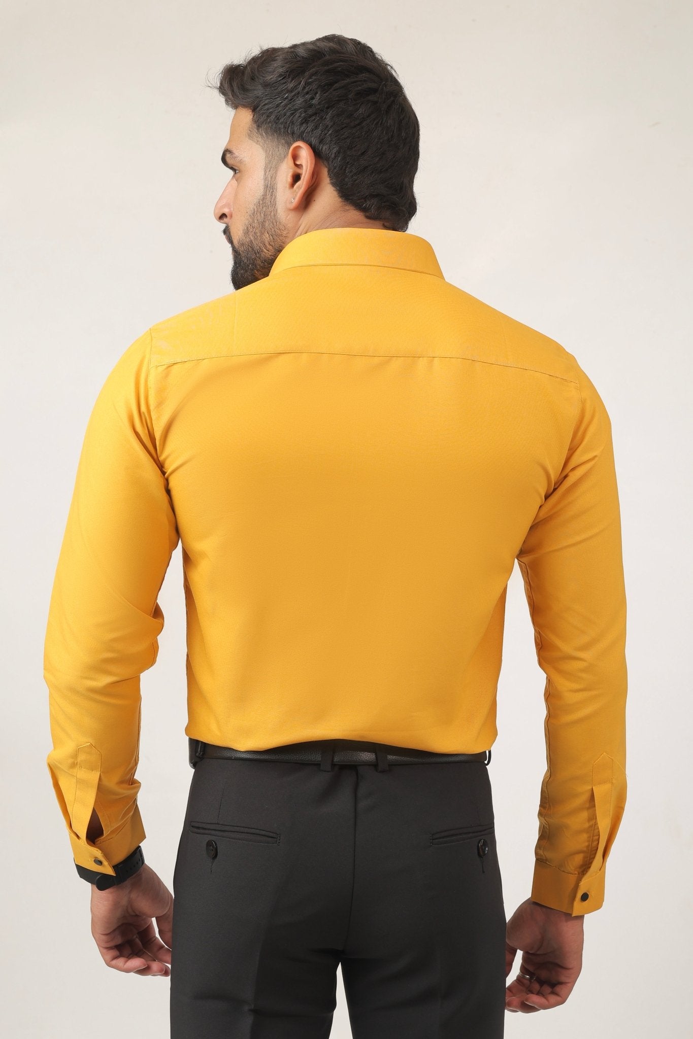 Back view of mustard cotton shirt – modern men's fit
