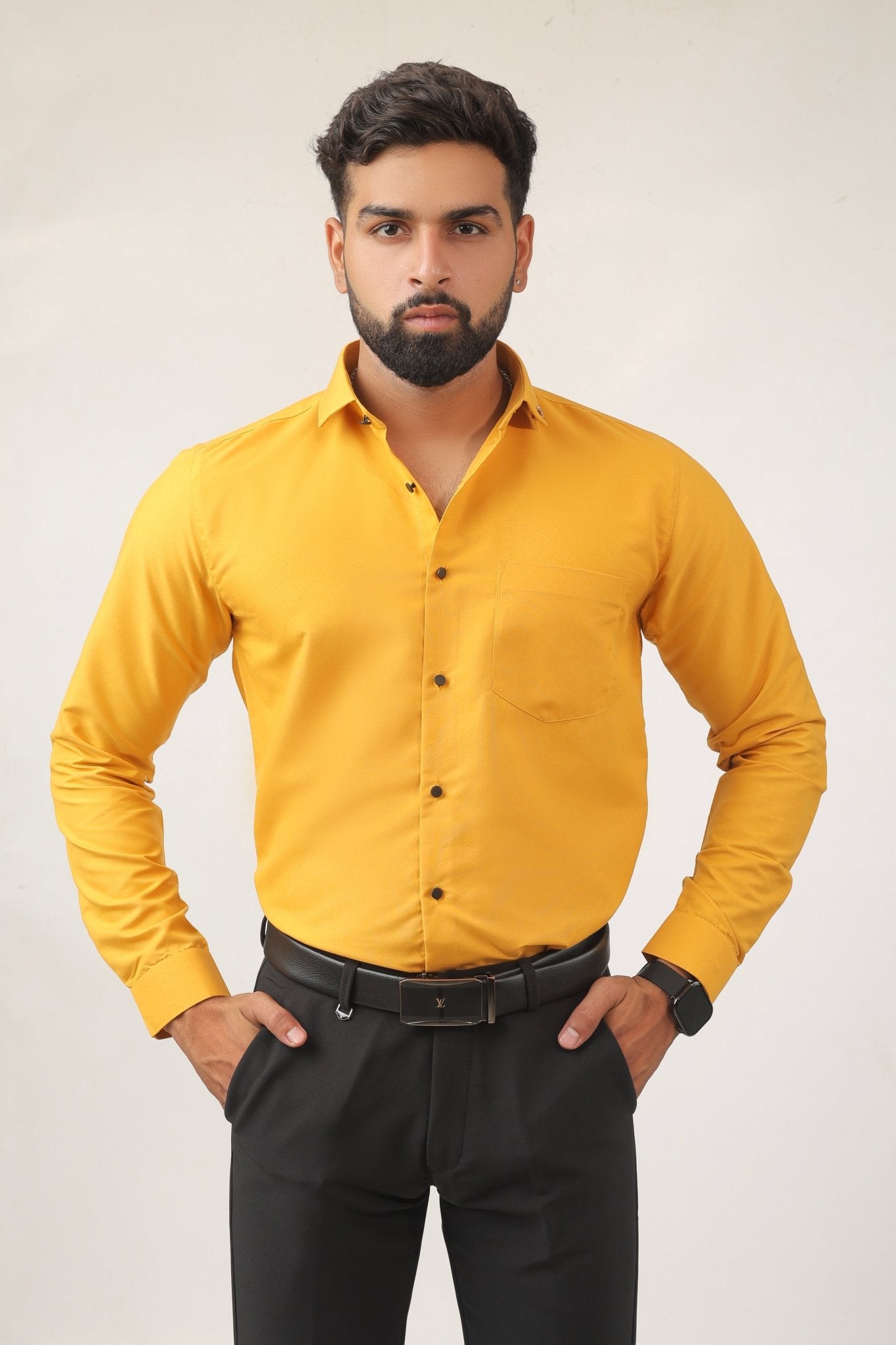 Mustard yellow cotton men's shirt – slim fit front view