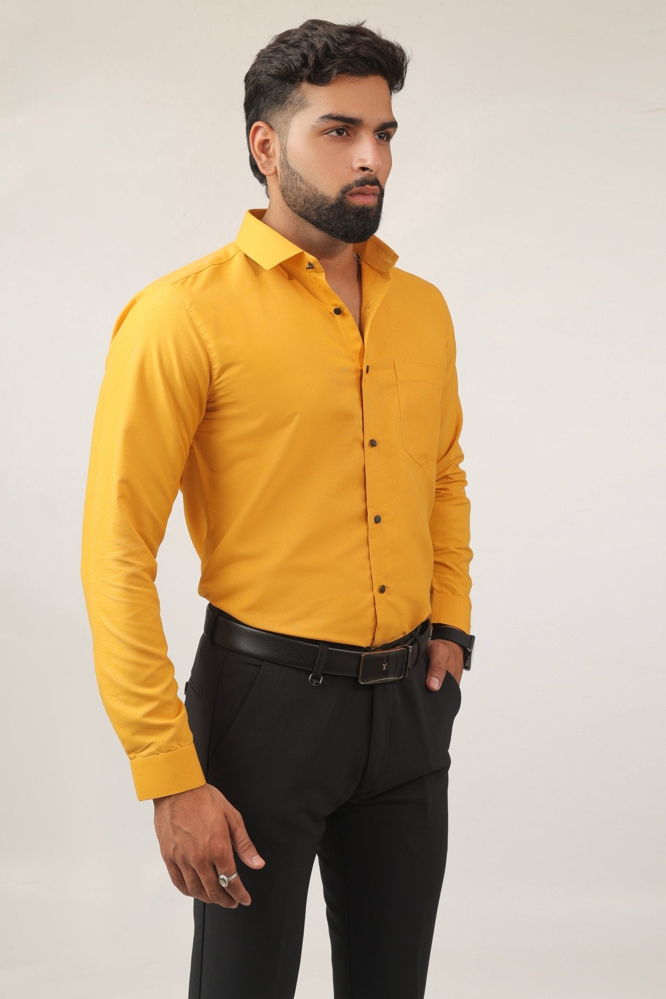 Side view of mustard yellow shirt – stylish and breathable