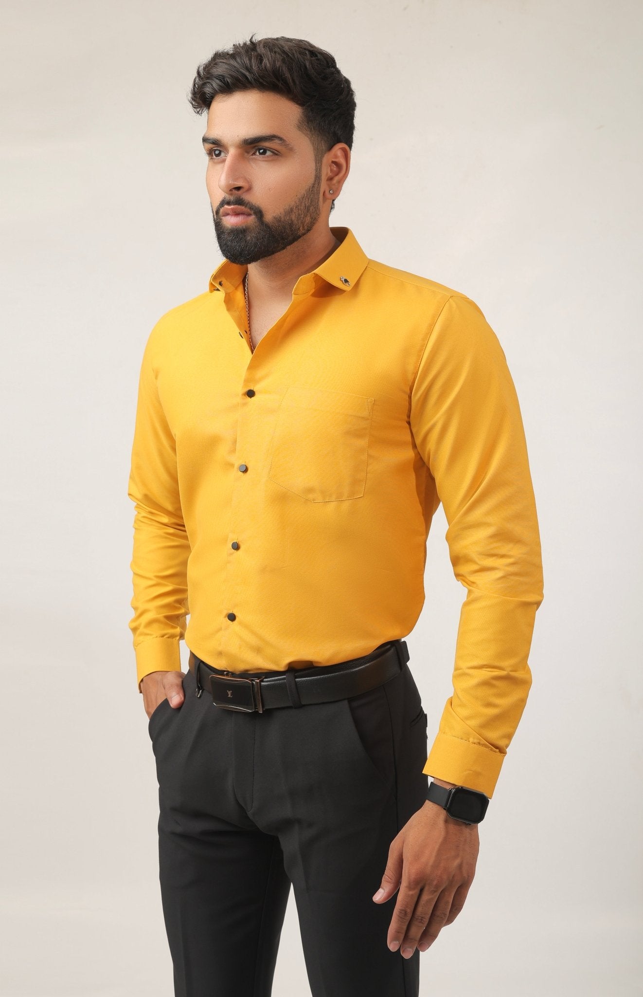 Side view of mustard yellow shirt – stylish and breathable