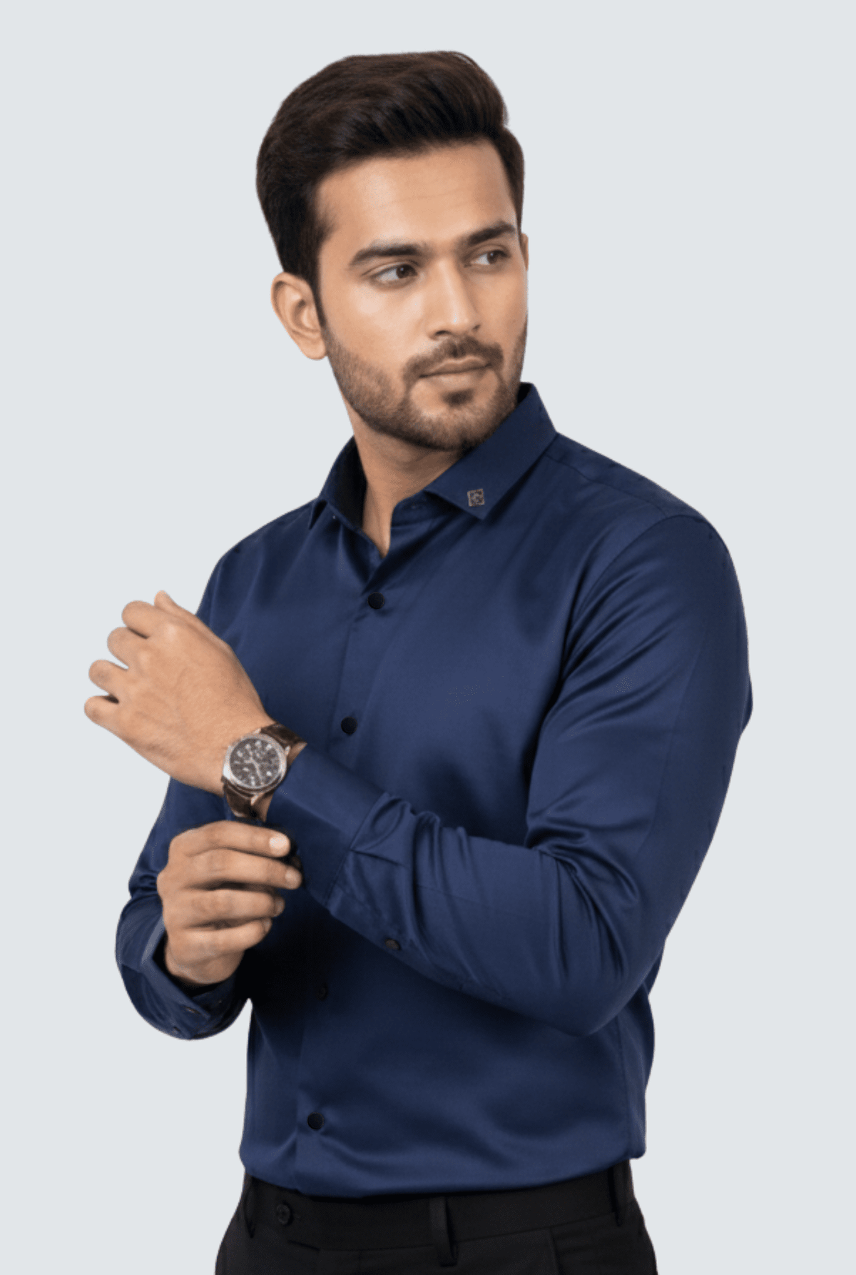 Men's navy satin slim-fit dress shirt with point collar and long sleeves