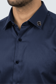 Navy satin dress shirt close-up, point collar, black button placket