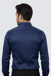 Men's navy satin dress shirt back view, long sleeves and yoke seams