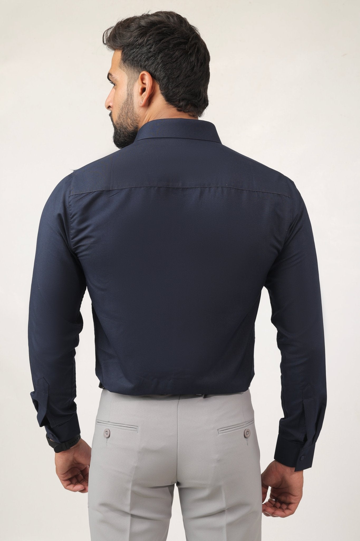 Back view of navy blue cotton shirt – men's formal wear