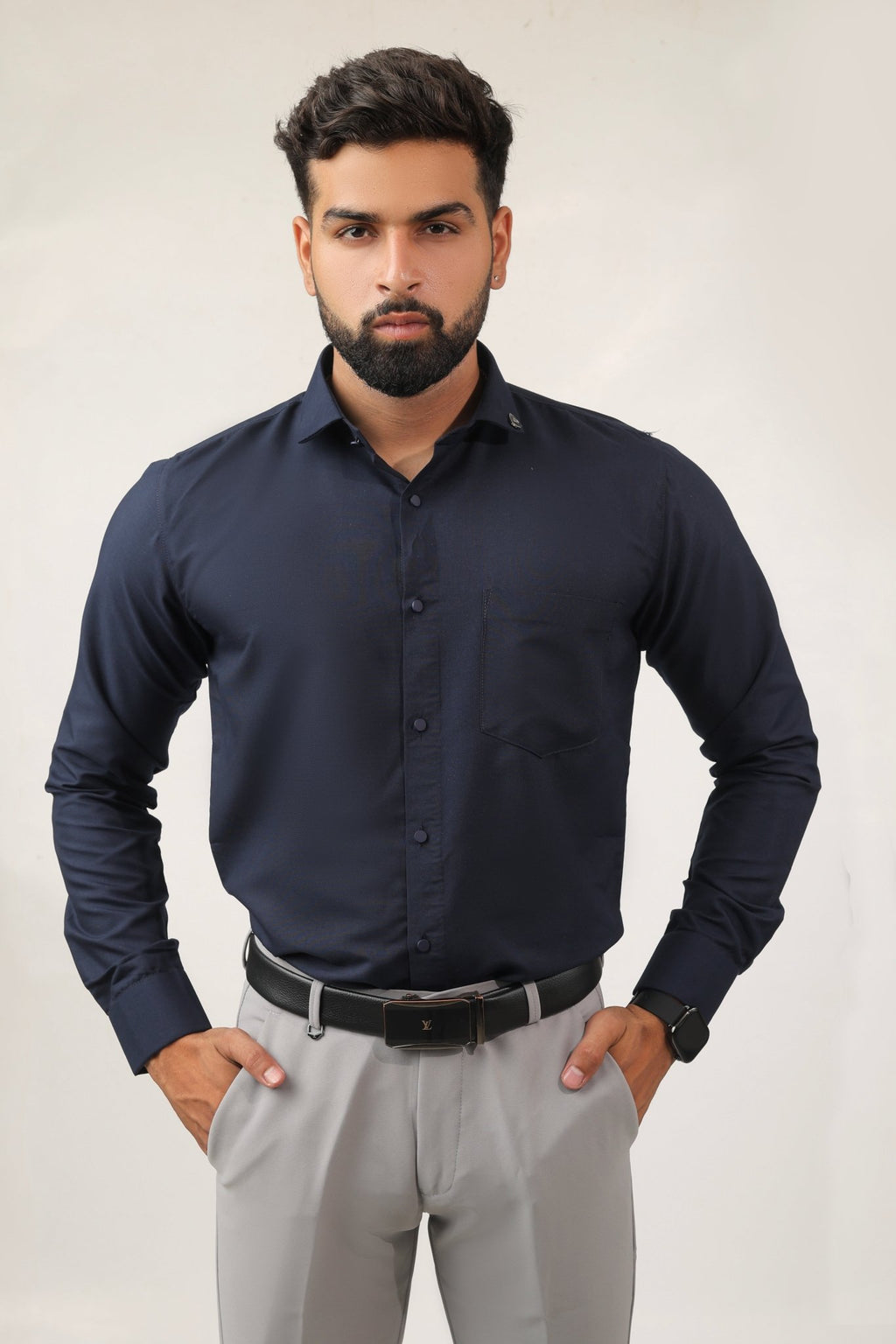 Navy blue cotton men's shirt front view – slim fit design