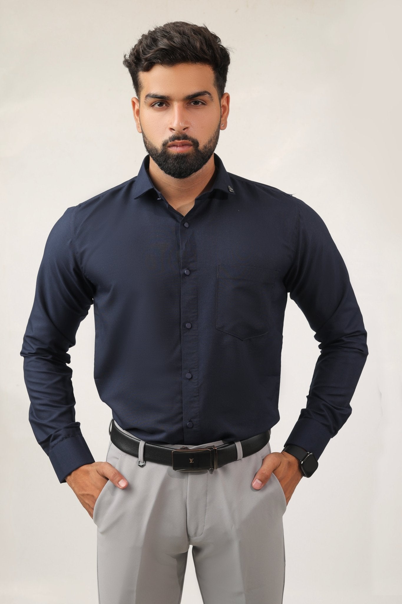Navy blue cotton men's shirt front view – slim fit design