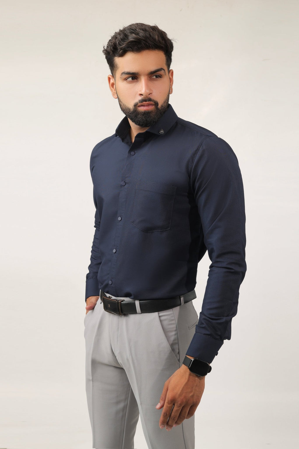 Side view of navy blue slim fit cotton shirt for men