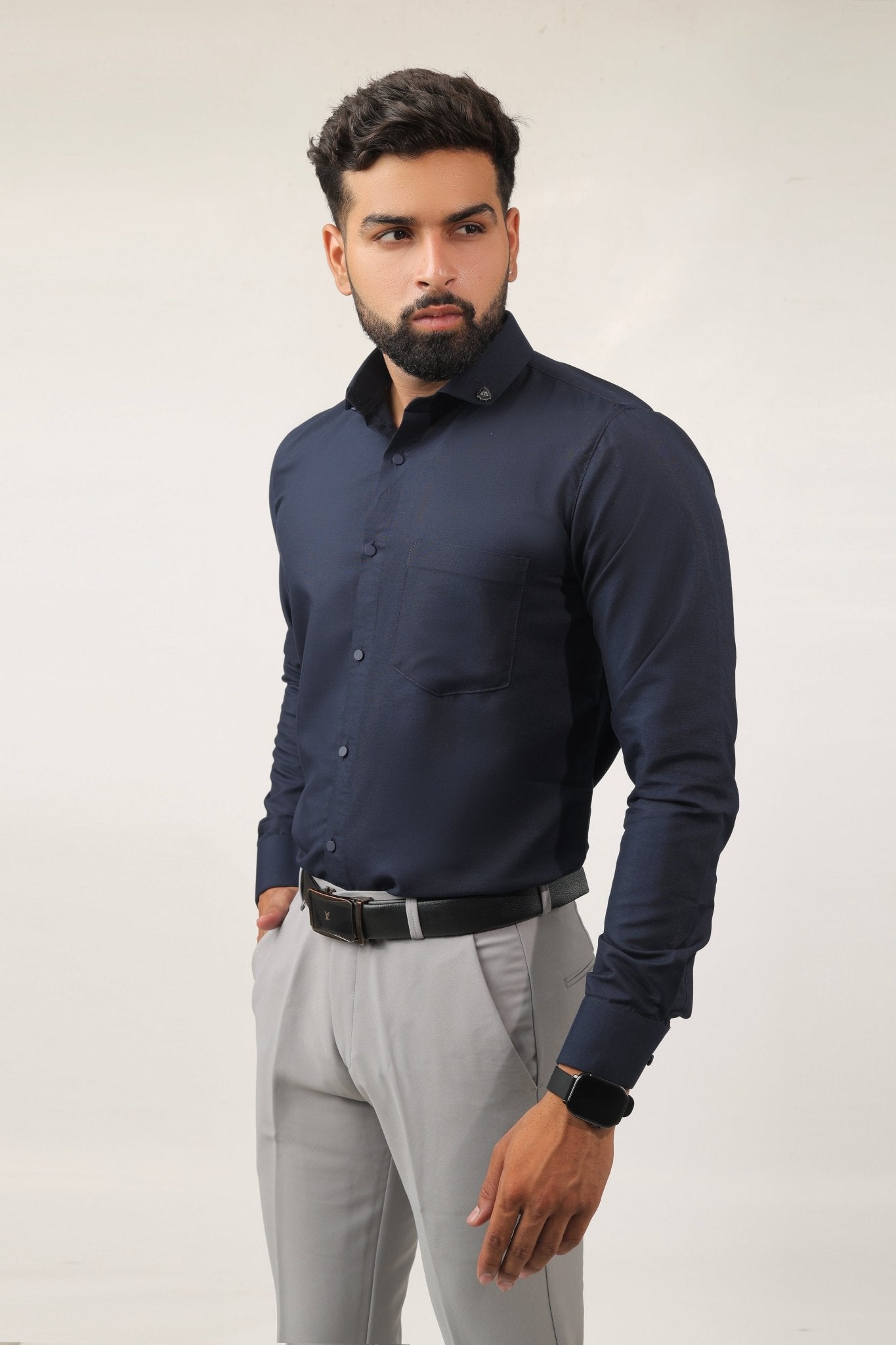 Side view of navy blue slim fit cotton shirt for men