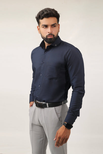 Side view of navy blue slim fit cotton shirt for men