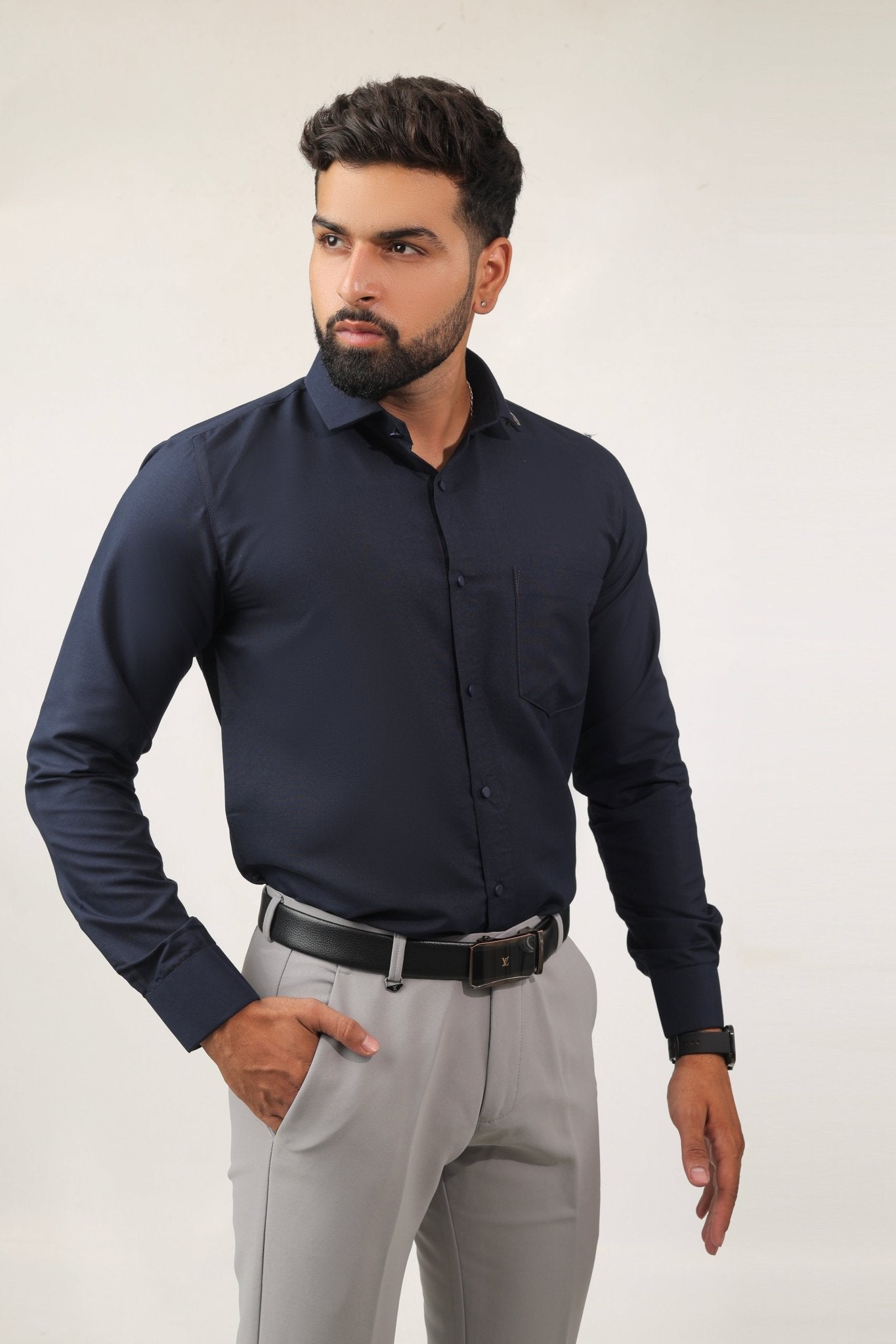 Side view of navy blue slim fit cotton shirt for men