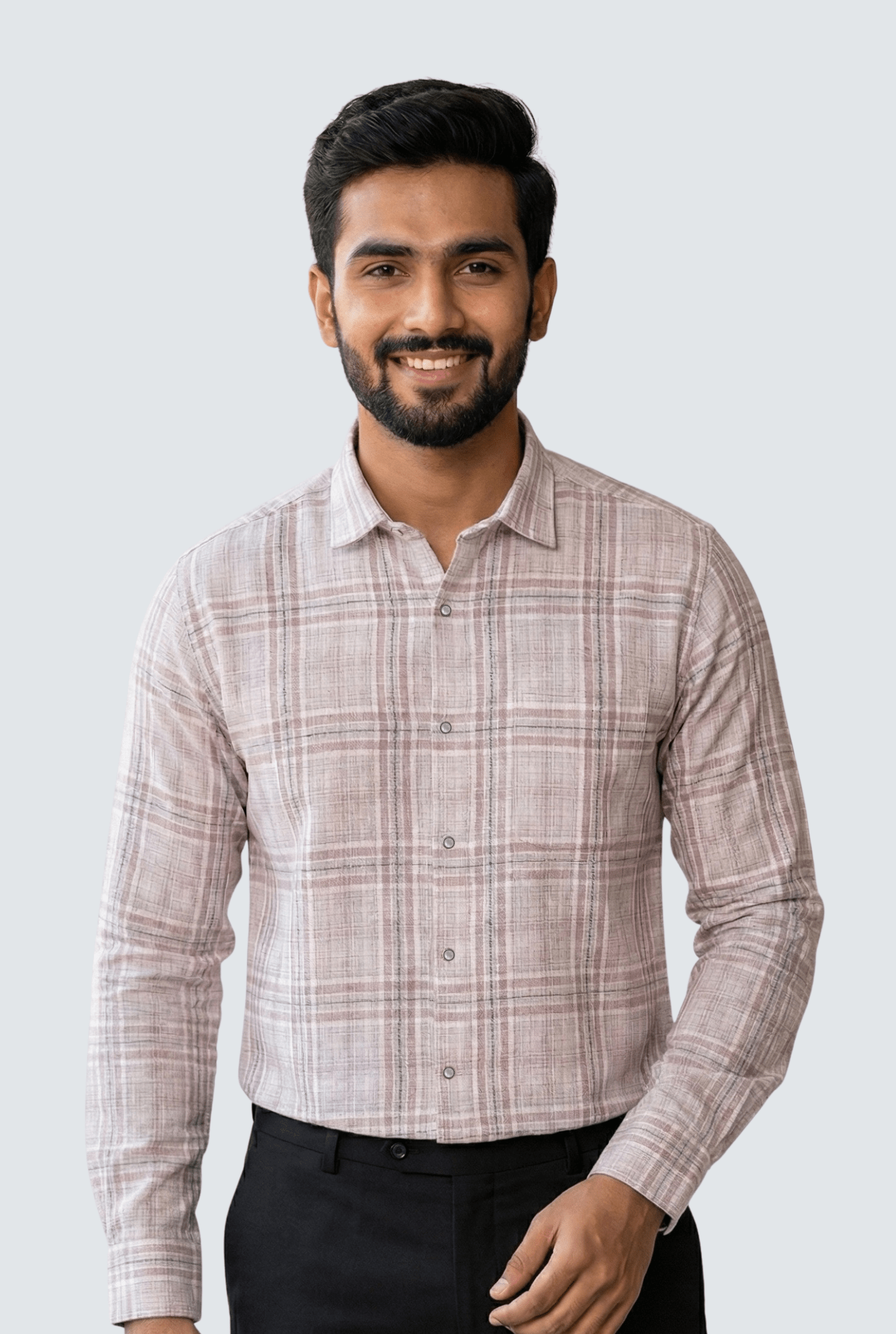 “Men’s pink linen checks shirt – regular fit front view”