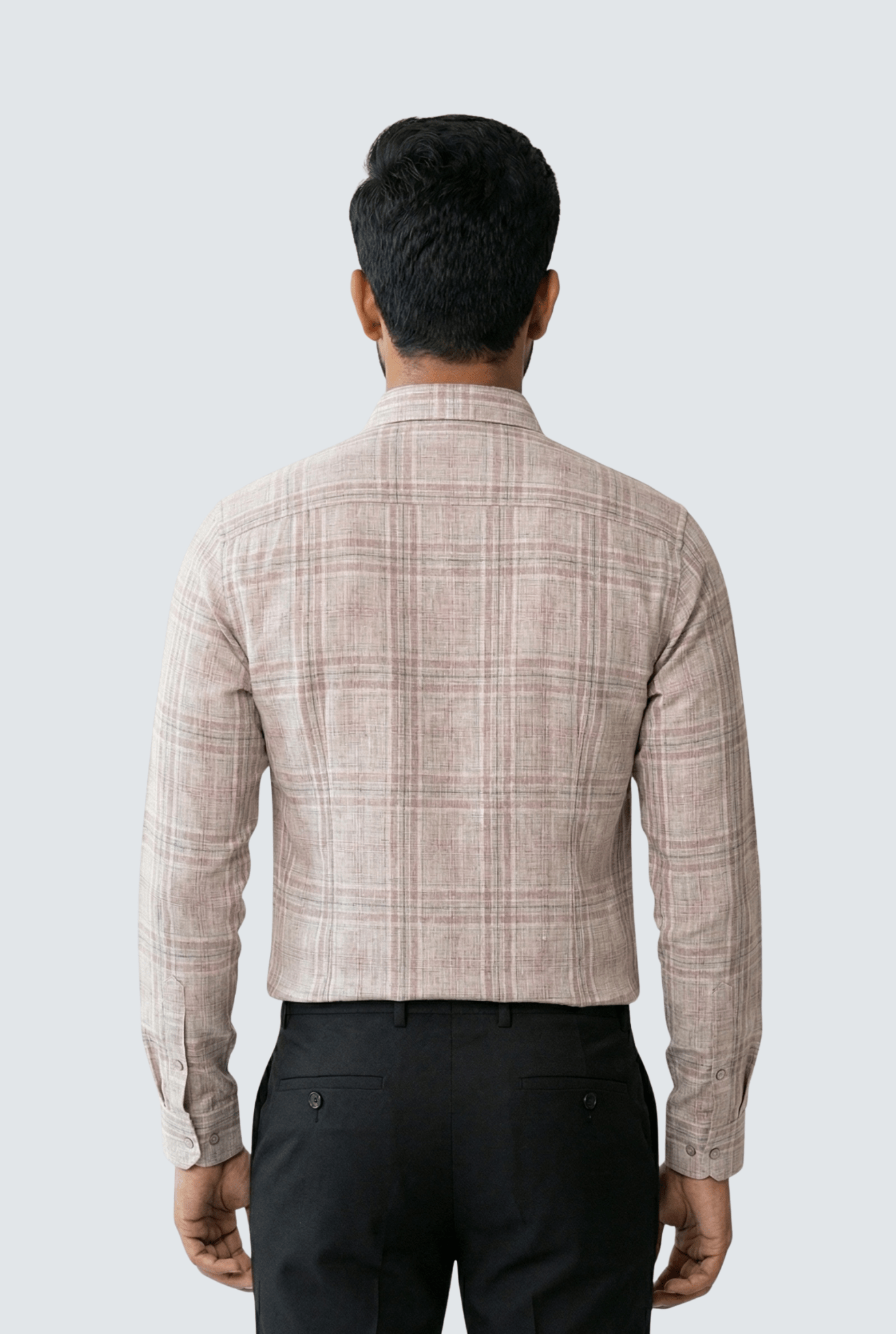 “Back view of men’s pink linen checks shirt – regular fit”