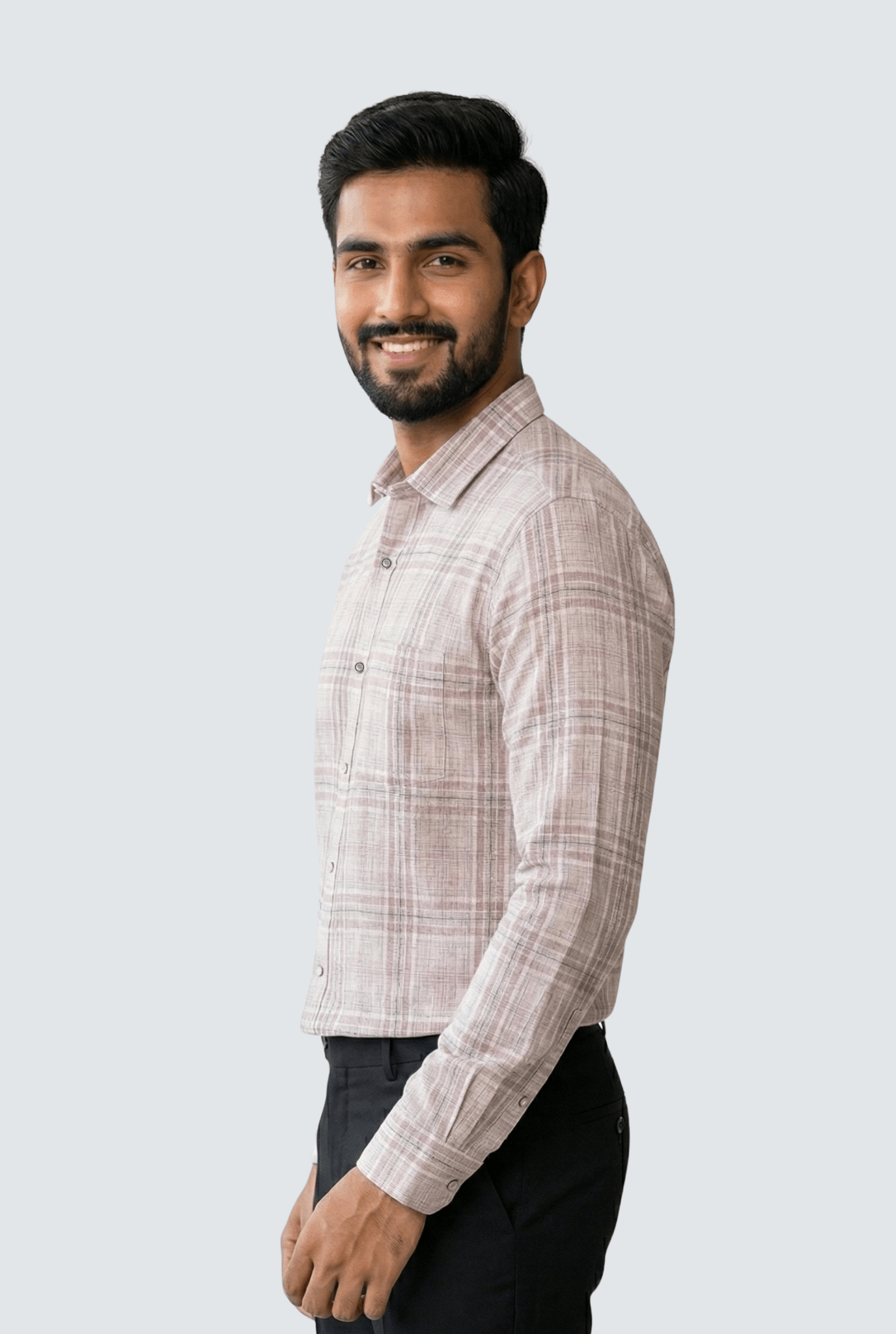 “Side view of men’s pink linen checks shirt – regular fit”