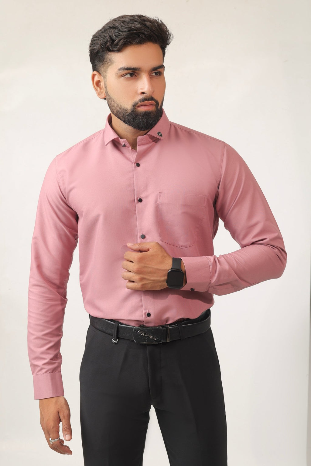 Pink cotton men's shirt front view – slim fit casual style