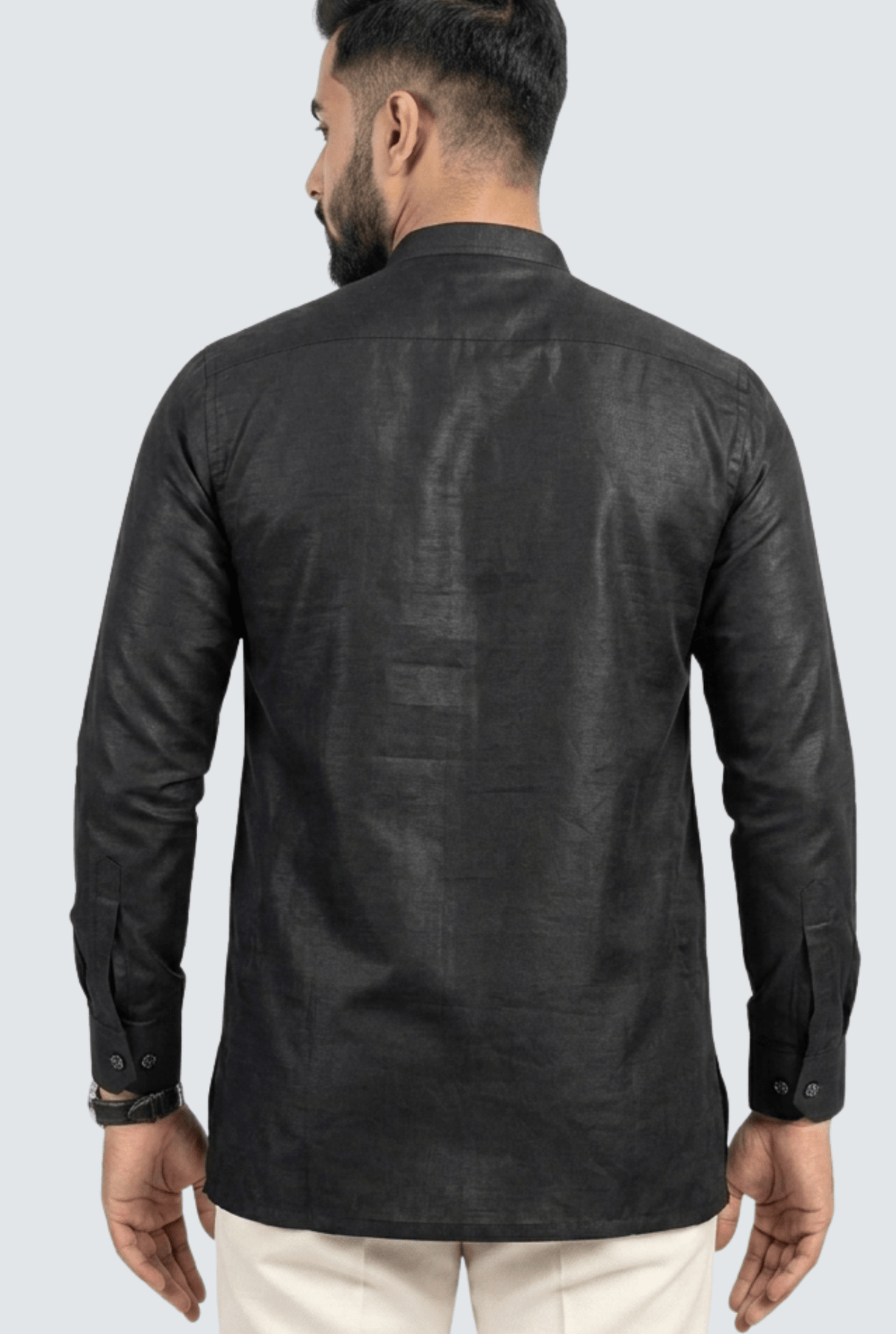 Men's black satin short kurta, back view with long sleeves