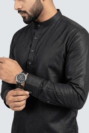 Men's black satin short kurta with buttoned collar and long sleeve cuffs