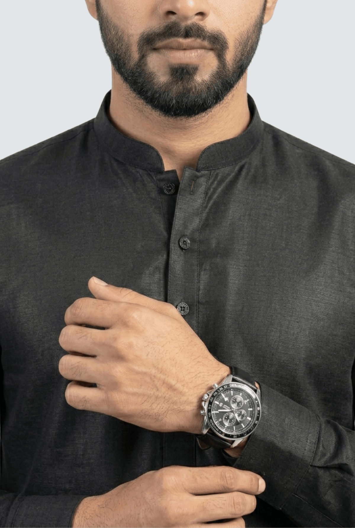 Men's black satin kurta front with mandarin collar and button placket, long sleeves