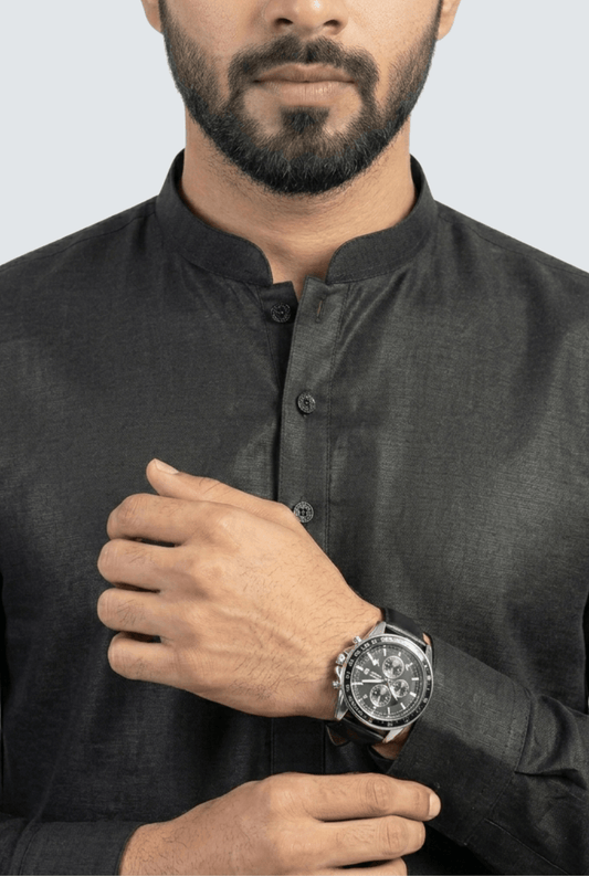 Premium Men’s Satin Short Kurta - Black (2121) - KITES CLUB