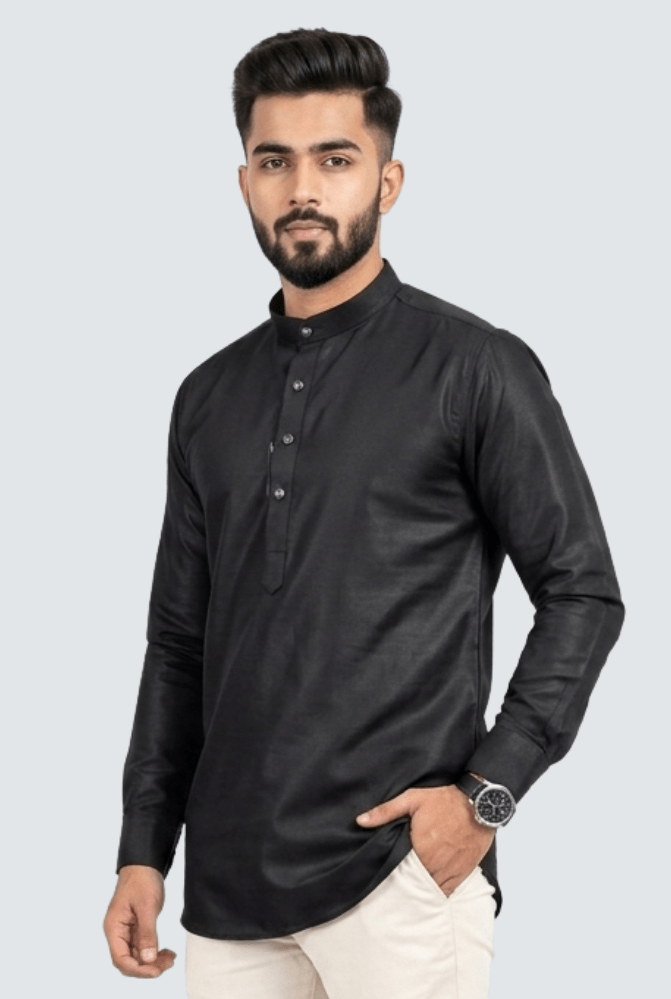 Premium Men’s Satin Short Kurta - Black (2121) - KITES CLUB