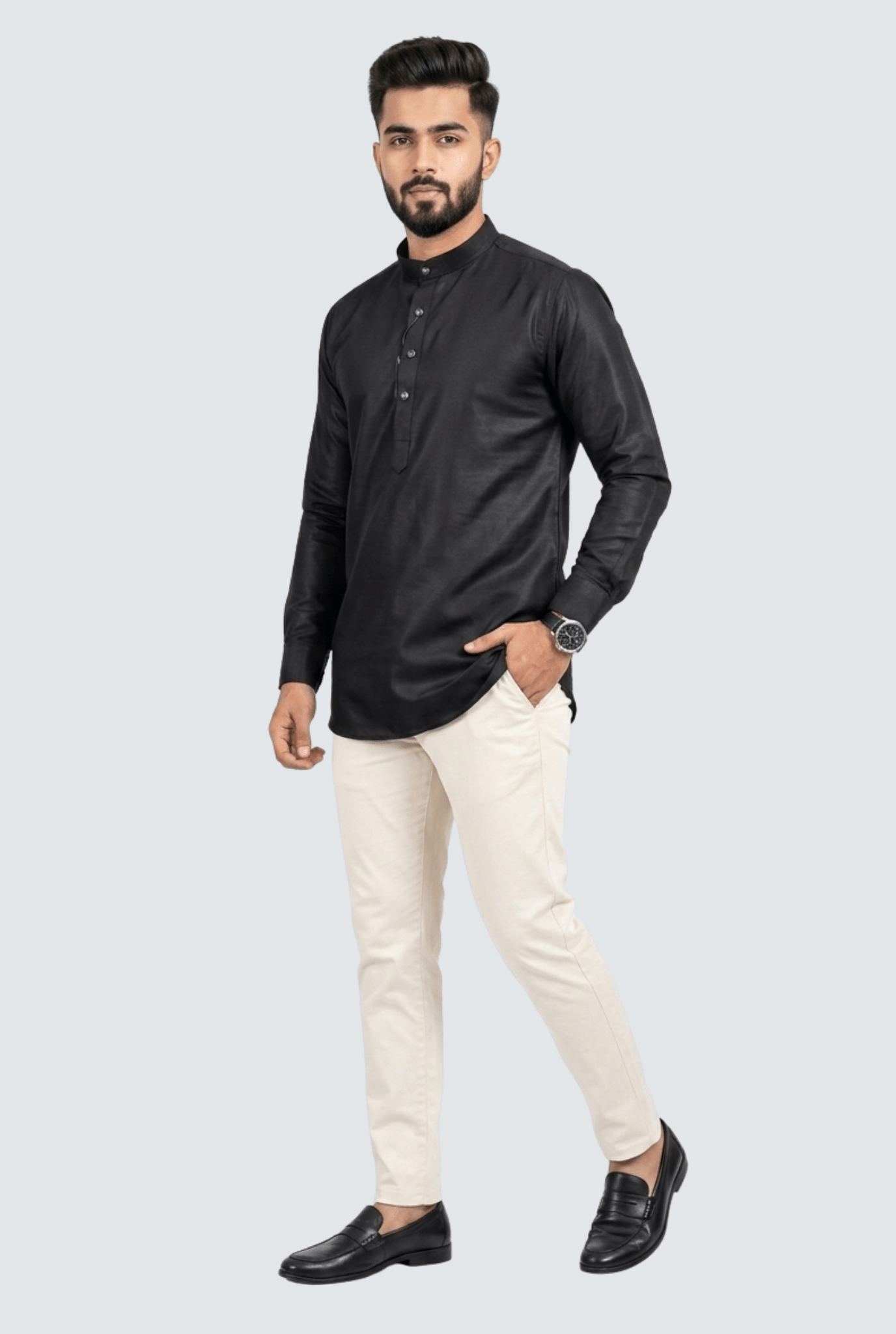 Premium Men’s Satin Short Kurta - Black (2121) - KITES CLUB