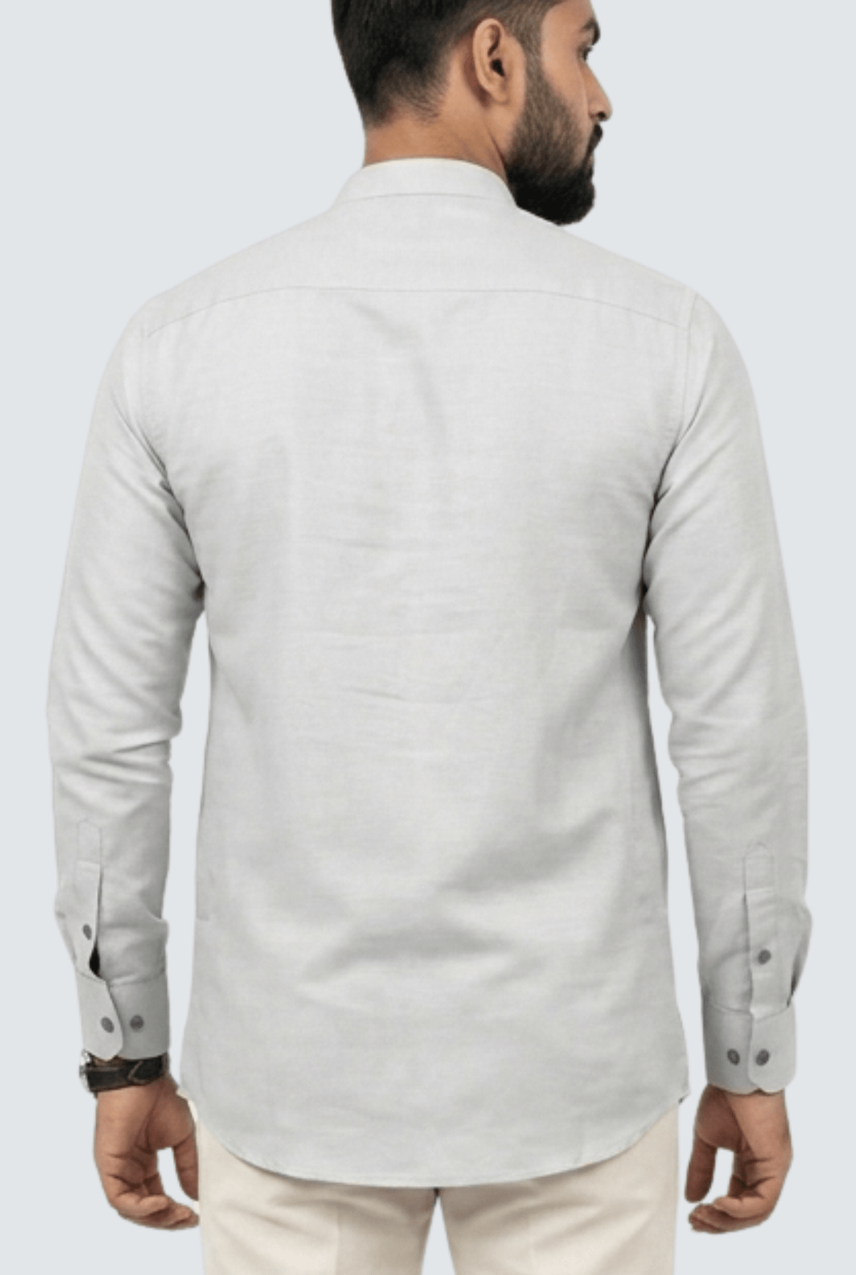Men's satin short kurta back view with full-length seam and buttoned cuffs