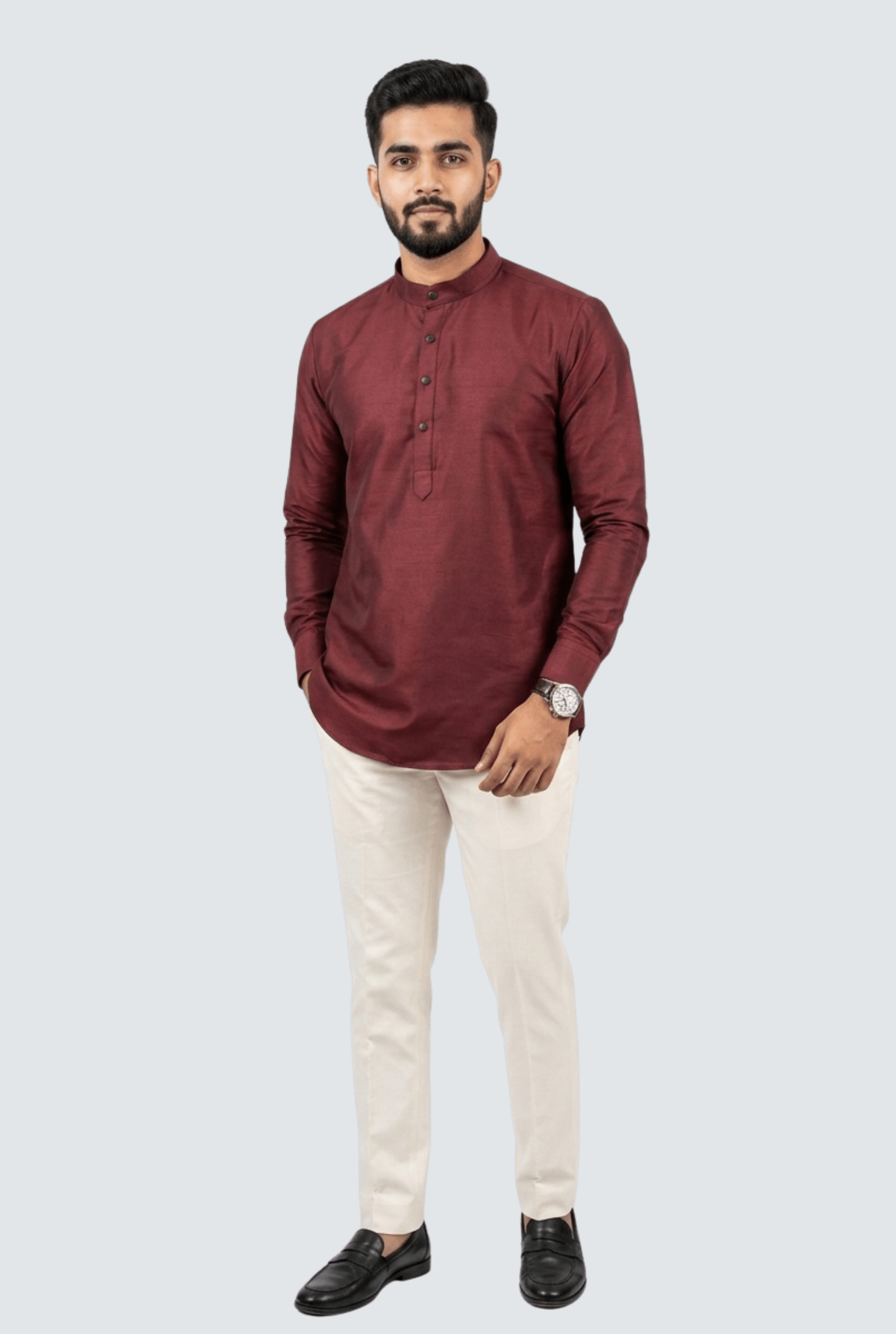 Premium Men’s Satin Short Kurta - Maroon (2121) - KITES CLUB