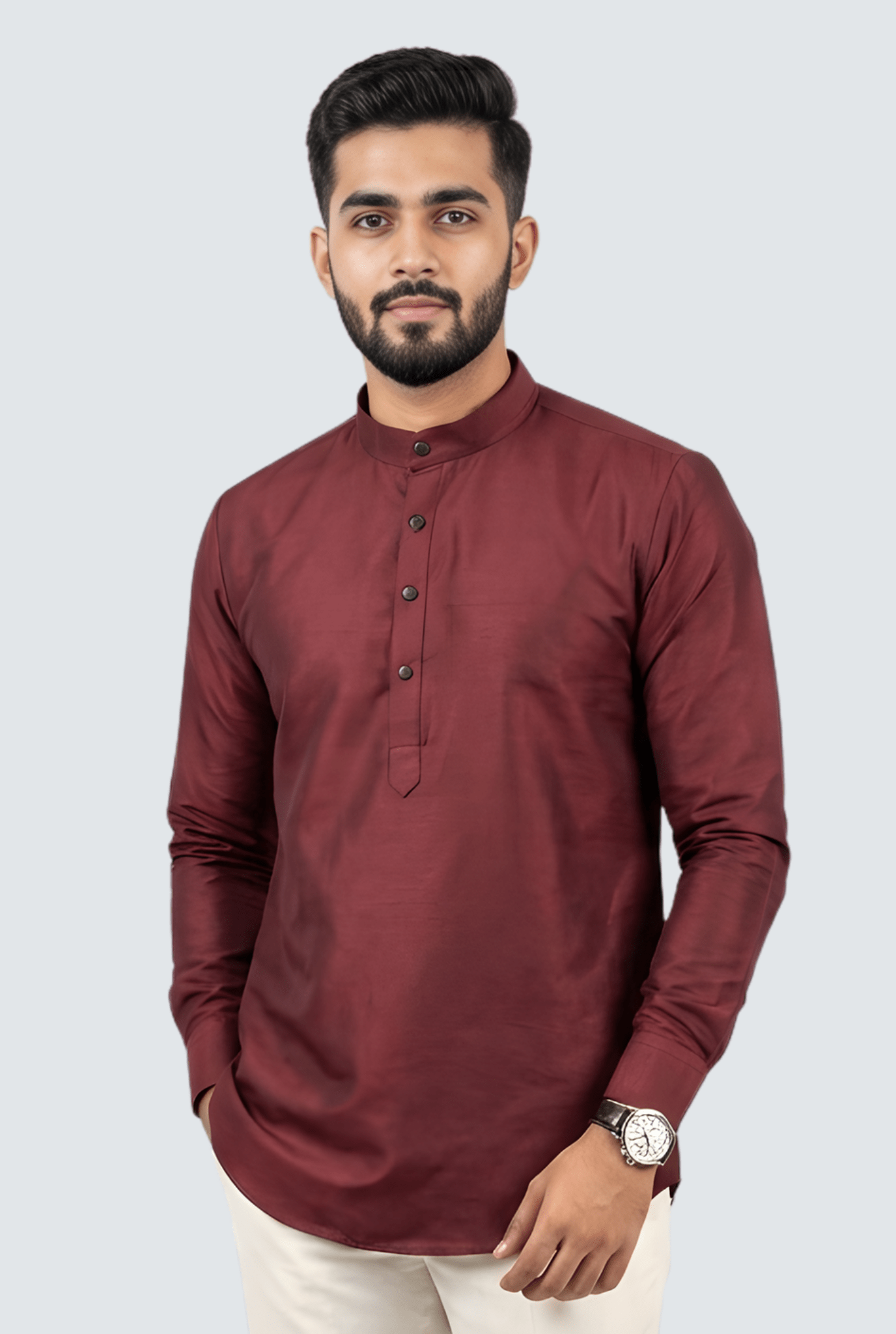 Premium Men’s Satin Short Kurta - Maroon (2121) - KITES CLUB