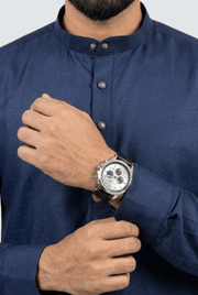 Men’s navy satin short kurta closeup: stand collar buttons and cuff detail