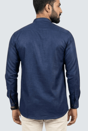 Men’s navy satin short kurta, back view with long sleeves and buttoned cuffs