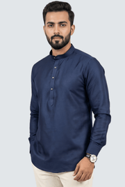 Men’s navy satin short kurta with stand collar and button placket, long sleeves