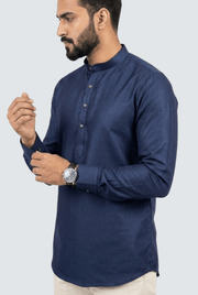 Men’s navy satin short kurta with stand collar and button placket, long sleeves—side view