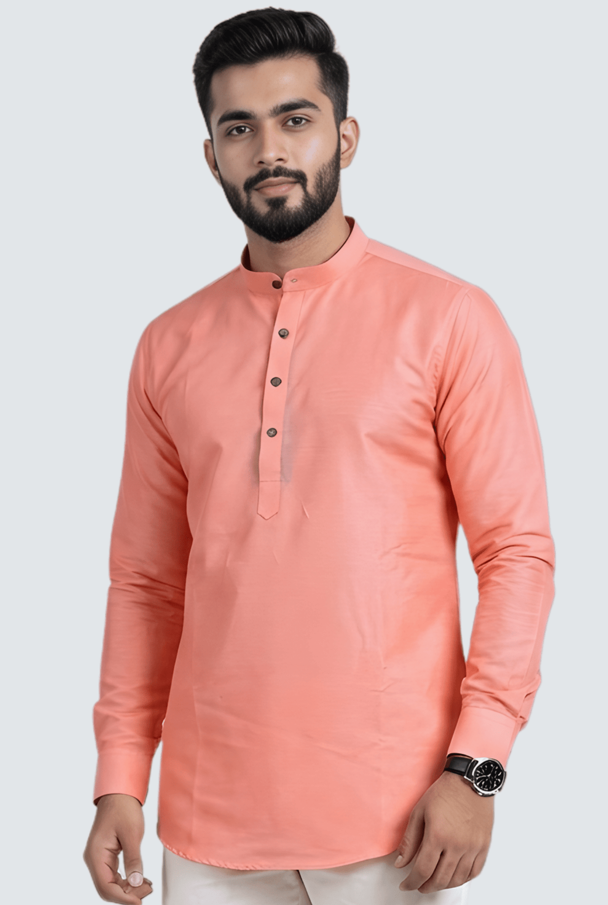 Coral men’s short satin kurta, mandarin collar with black buttons, long sleeves