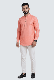 Coral men’s short satin kurta with mandarin collar and black button placket
