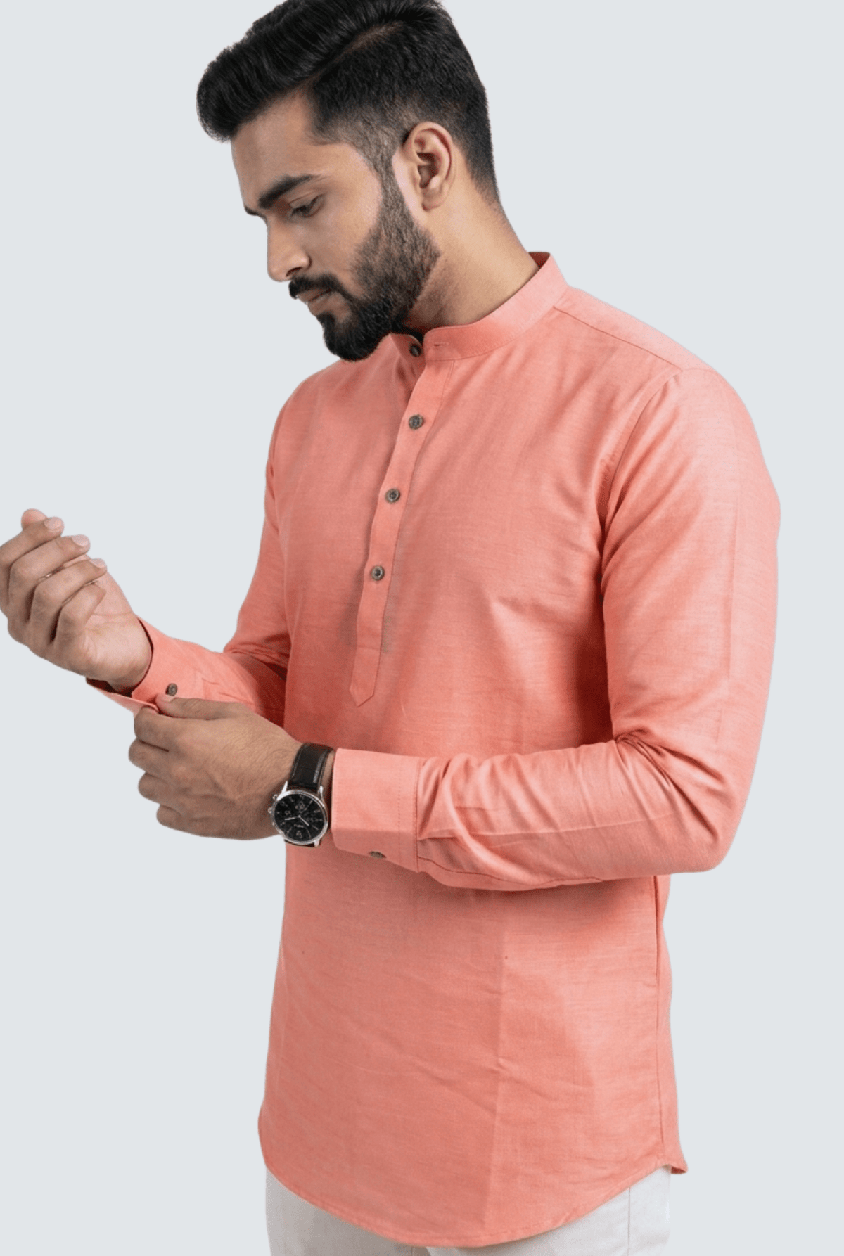 Coral men’s short satin kurta with buttoned placket and cuffs, side view
