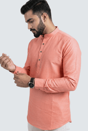 Coral men’s short satin kurta with buttoned placket and cuffs, side view