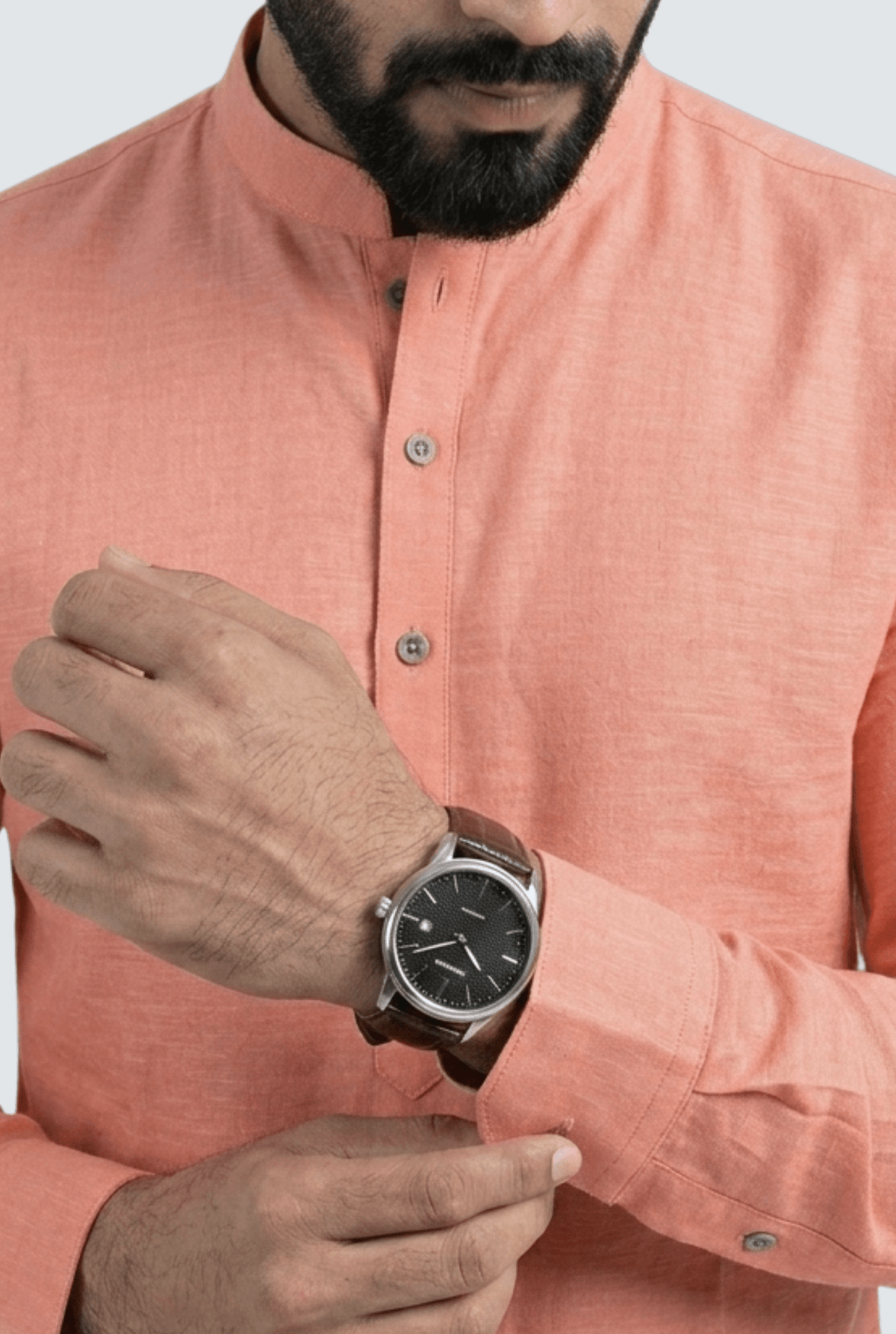 Coral men’s short satin kurta front detail with mandarin collar and black buttons