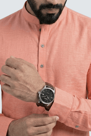 Coral men’s short satin kurta front detail with mandarin collar and black buttons