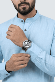 Men's sky blue satin short kurta cuff and button detail on long sleeve