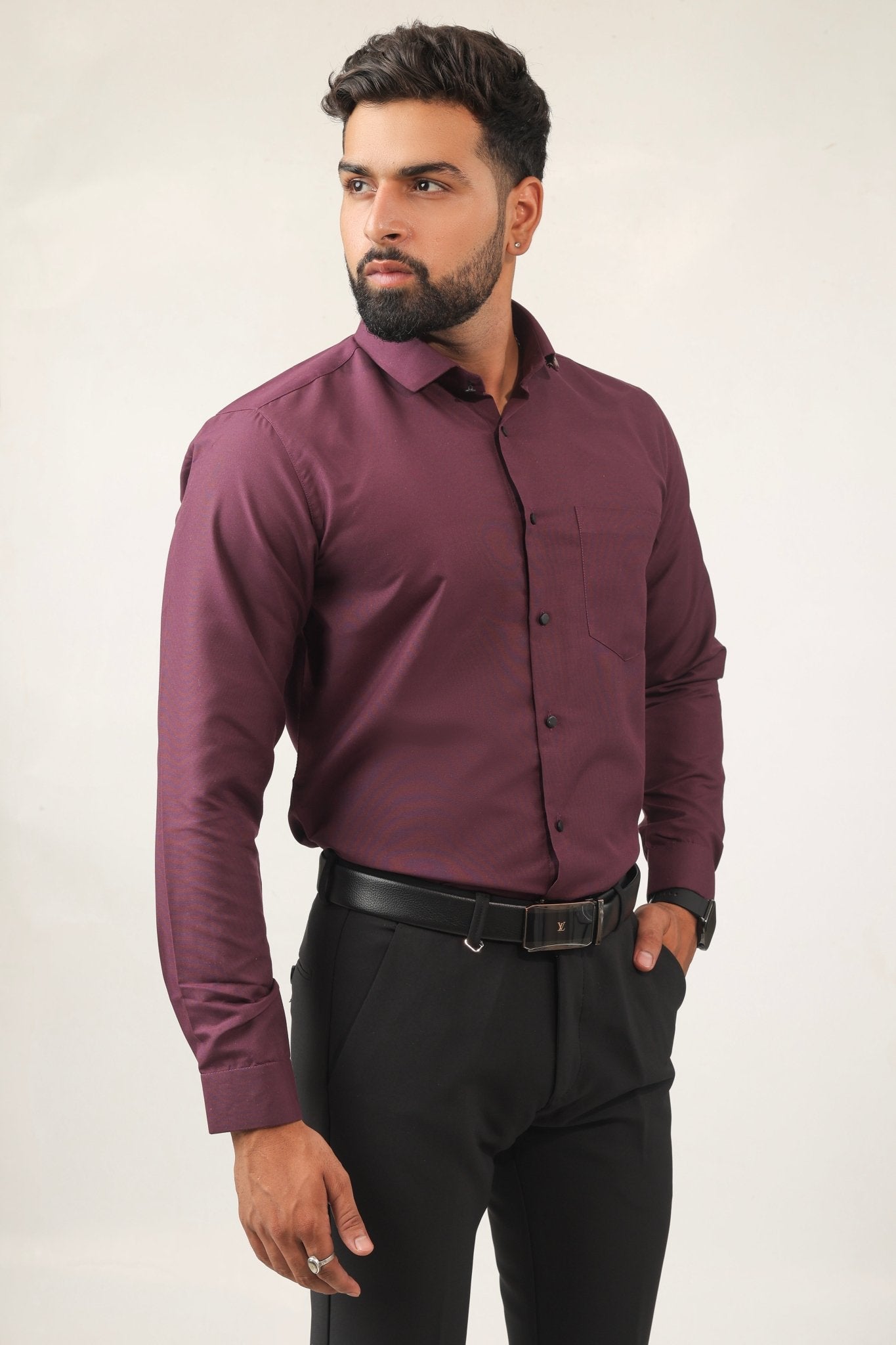 Side profile of purple cotton men's shirt – breathable fabric