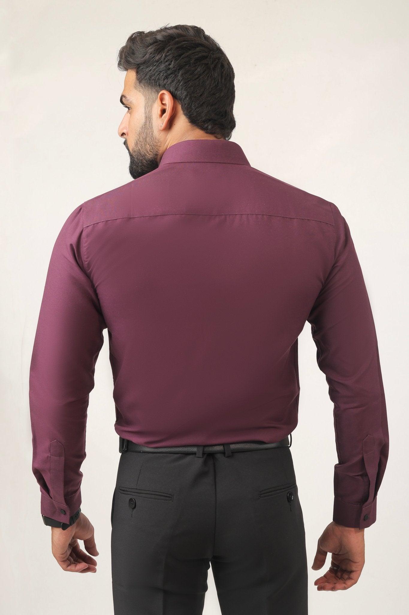 Back view of purple cotton slim-fit shirt for men