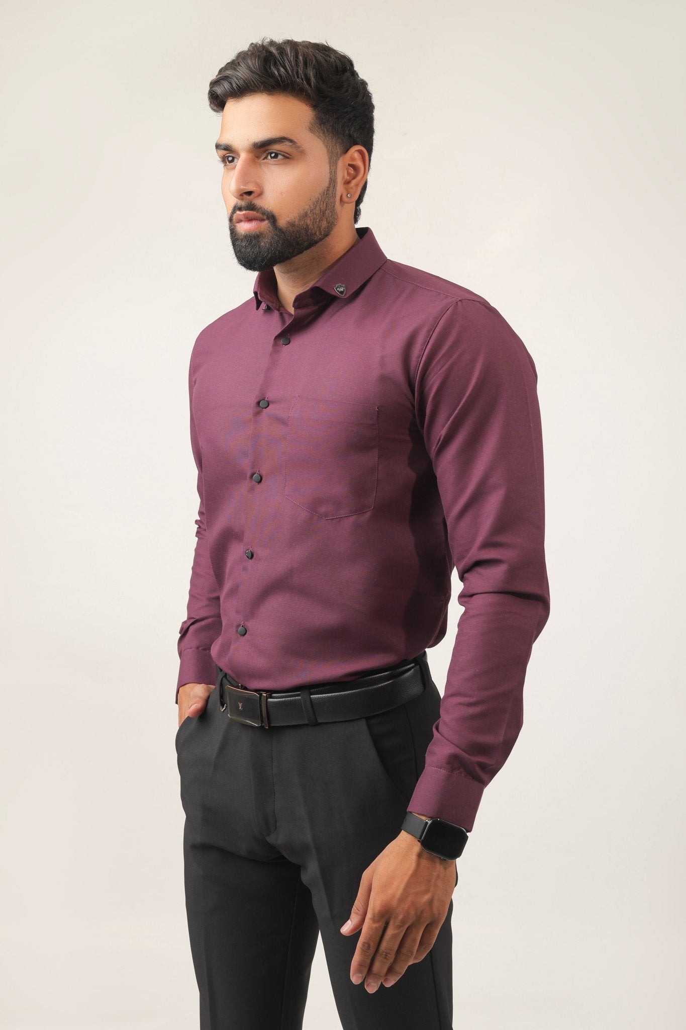 Side profile of purple cotton men's shirt – breathable fabric
