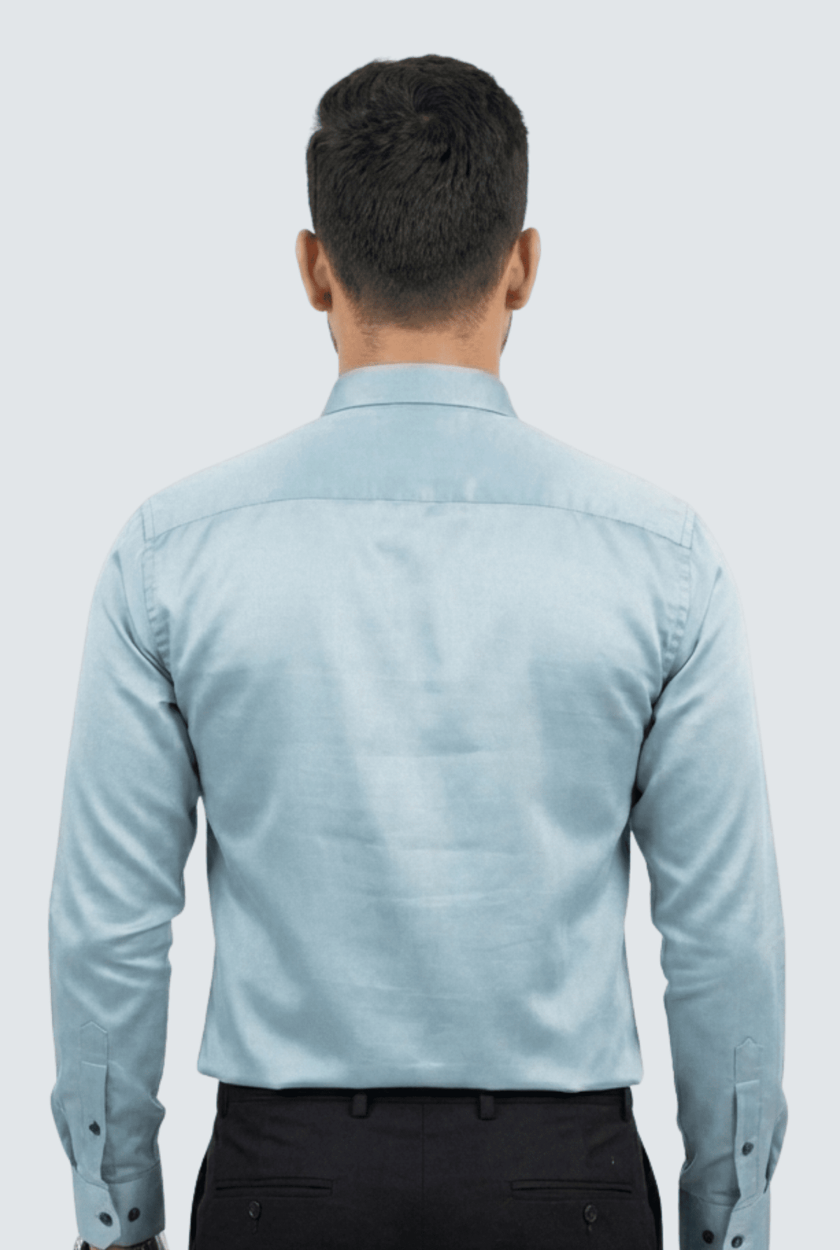 Sky blue satin smart-fit button-up shirt, back view with yoke and cuff buttons