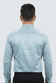 Sky blue satin smart-fit button-up shirt, back view with yoke and cuff buttons